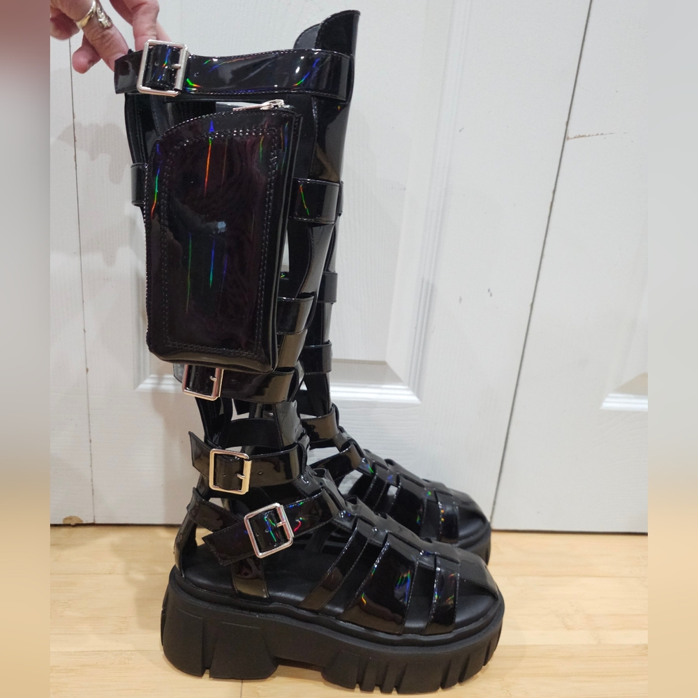 Holographic Oil slick black Rave Club Exx Stage Diver Gladiator Sandals Shoes 9 - Picture 5 of 16